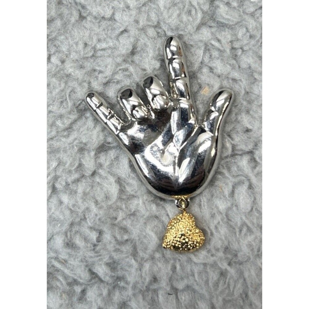 Hang loose hand symbol Fine jewelry brooch With heart Bellow It